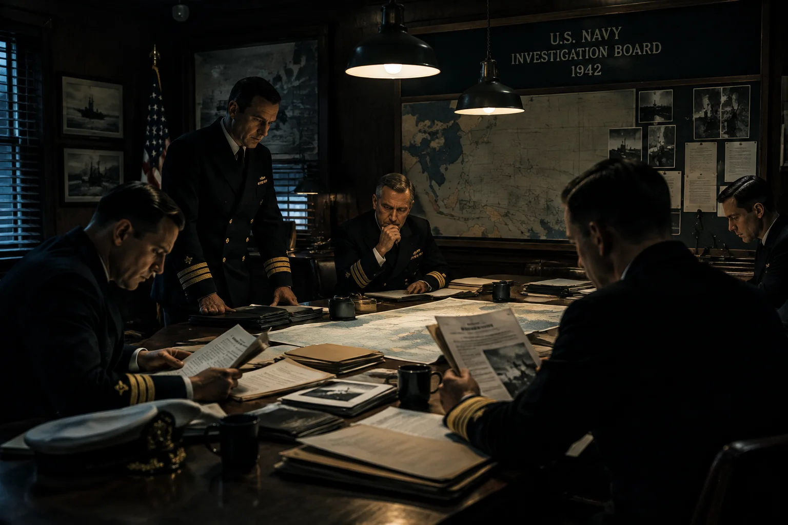 Ghost Blimp 1942: The WWII Blimp That Landed in San Francisco Without a Crew 13 A Navy investigation board room with officers reviewing documents, 1942, dim lighting.