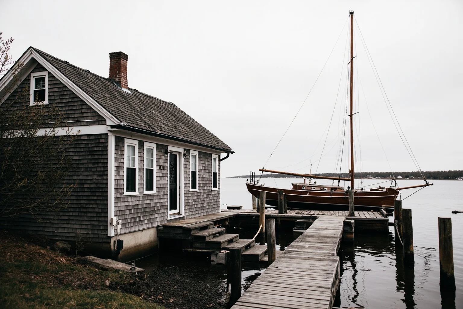 Old Money: 24 Hidden Dynasties That Shaped the Course of History 25 A New England coastal compound with weathered shingles and a wooden sailboat moored at a private dock, grey overcast sky, no people, muted documentary photography.
