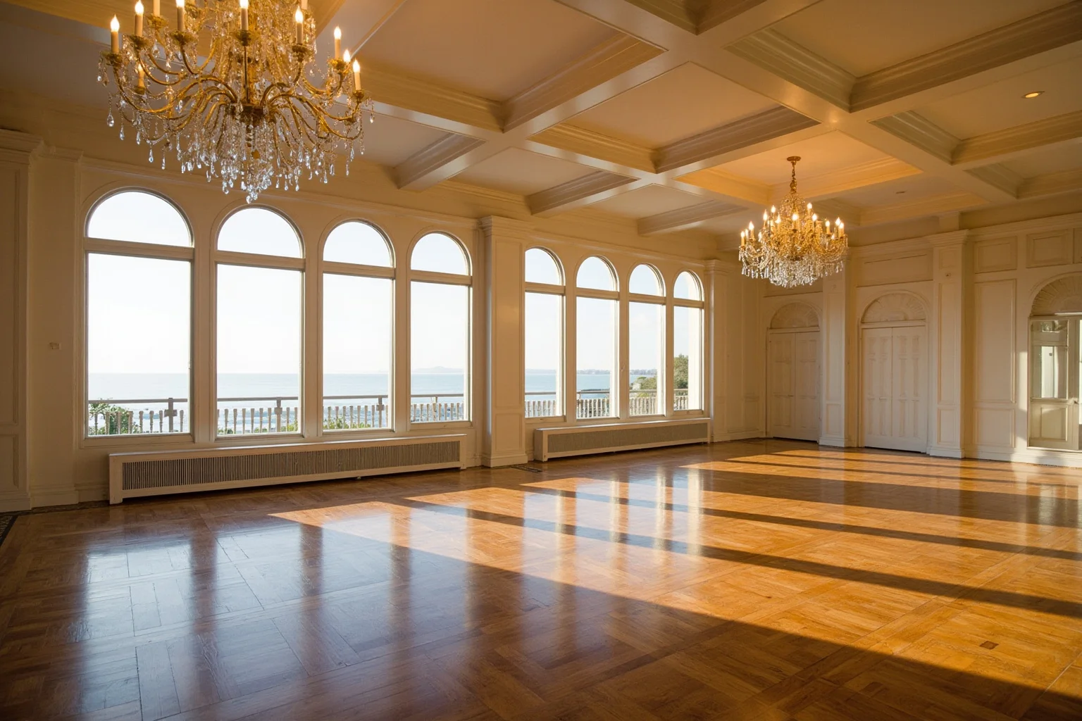 Old Money: 24 Hidden Dynasties That Shaped the Course of History 19 A Newport mansion ballroom with crystal chandeliers, parquet floors, and tall arched windows over the sea, late afternoon light, empty room, no people, architectural photography.