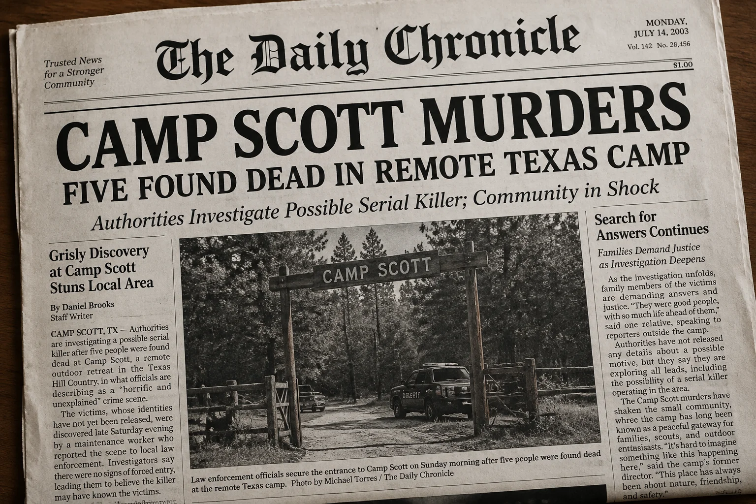 The Horrifying Camp Scott Incident That Still Haunts Oklahoma 4 A newspaper clipping with a headline about the Camp Scott murders, conveying media coverage.