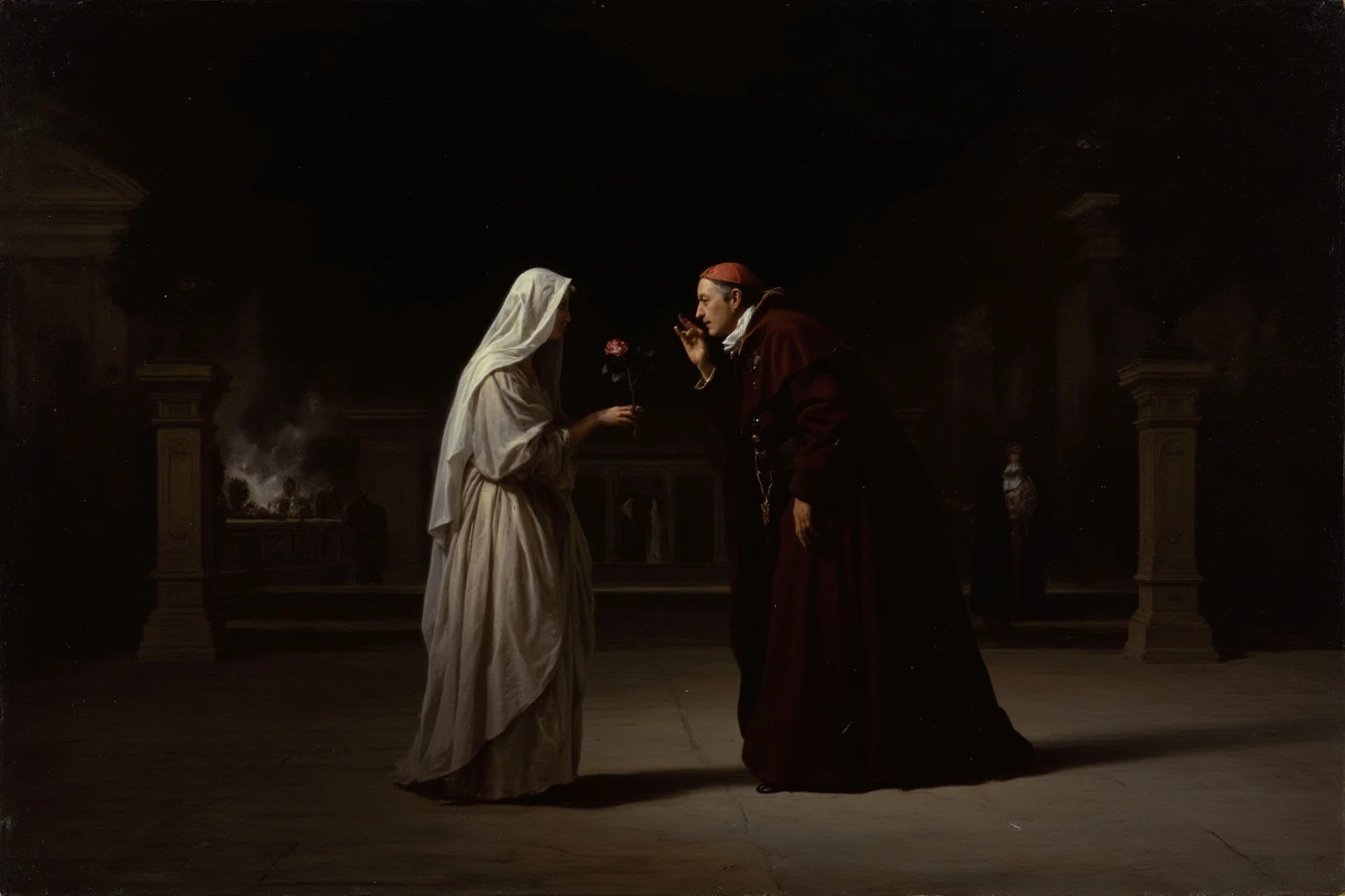 A night scene in the formal gardens of Versailles in 1784, with a cloaked cardinal bowing to a veiled woman in a pale gown who offers a rose, shown from a distance in a moody historical oil-painting style