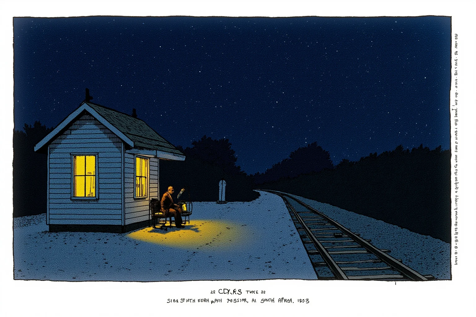20 Little-Known Facts About Mahatma Gandhi 6 A nighttime illustration of a small railway station platform in South Africa in 1893, a lonely figure sitting on a bench, cold blue tones and lantern light.