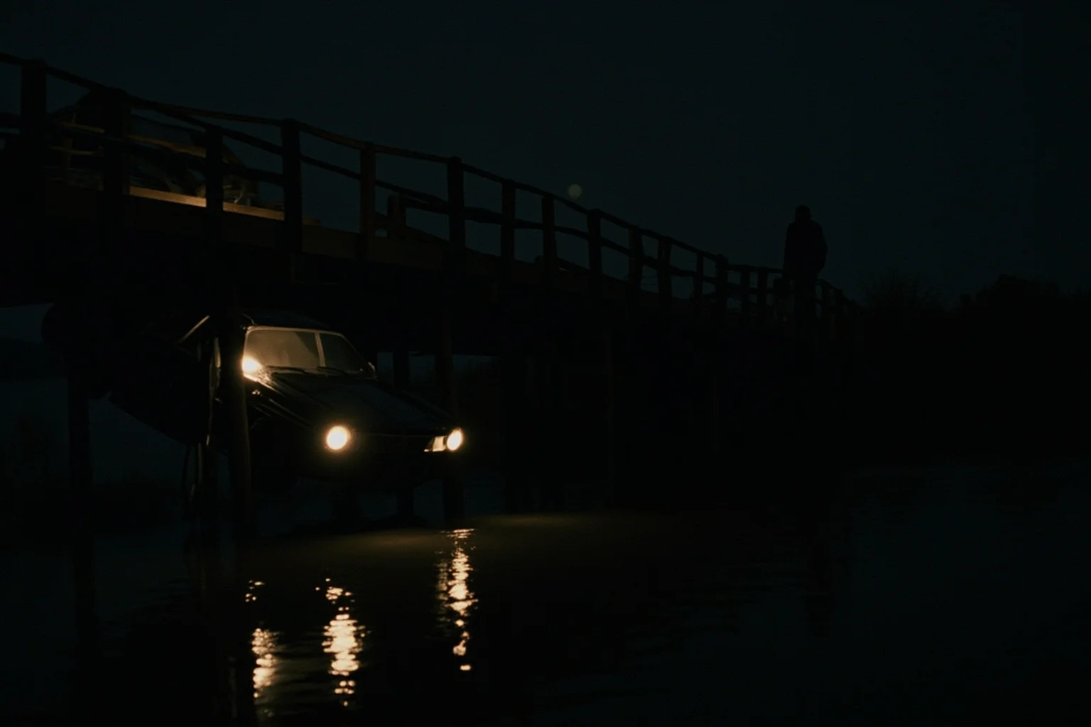 A nighttime scene of a car halfway submerged off a wooden bridge with a dark figure walking away, representing the Chappaquiddick Incident of 1969