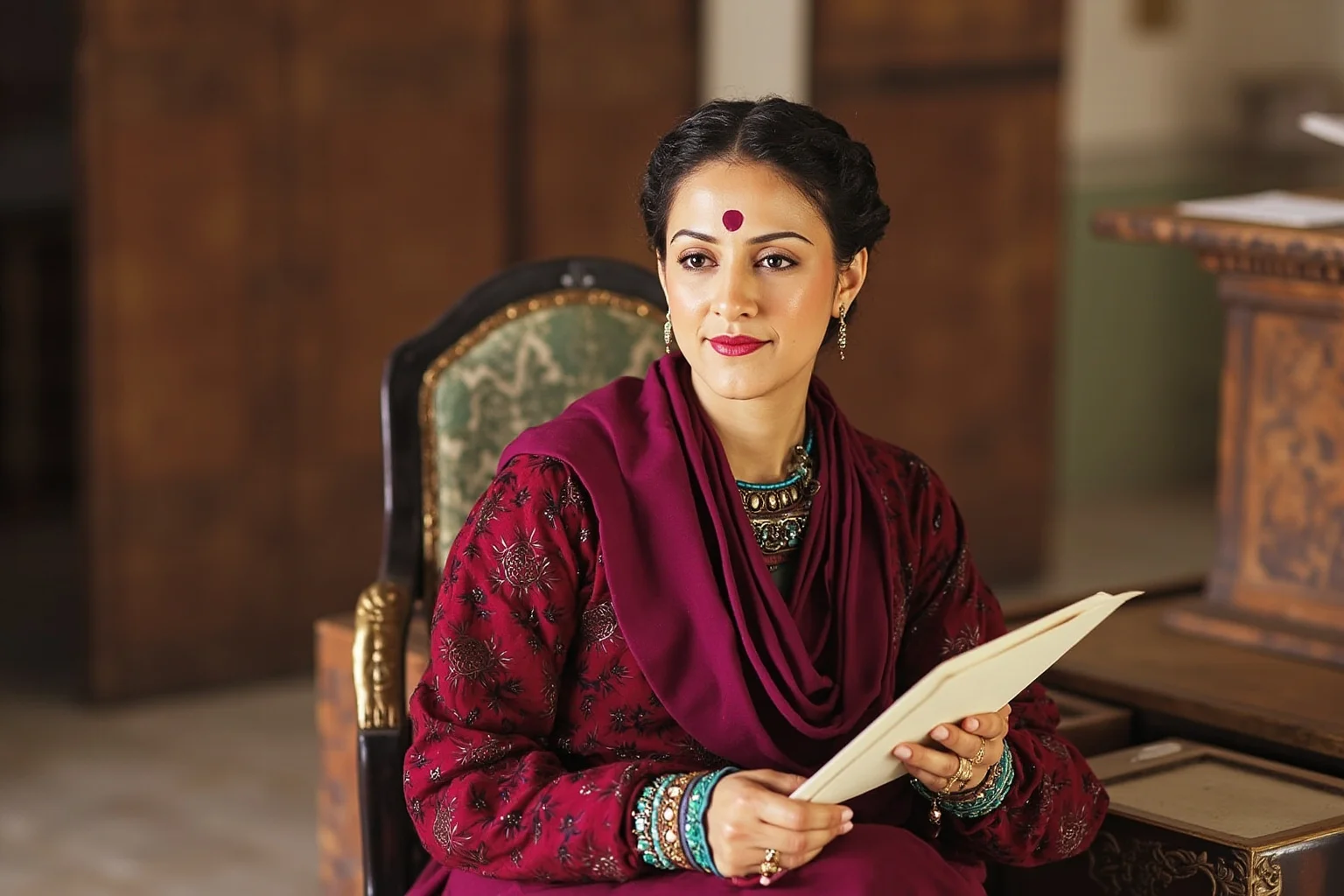 A noblewoman at a Mughal court, holding a seal or document
