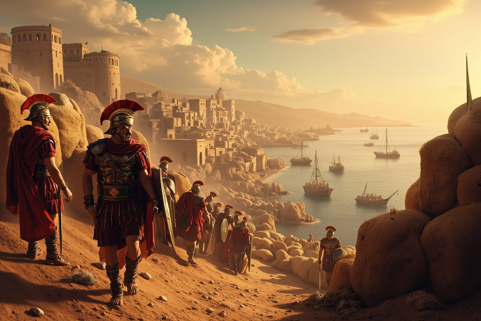 A North African coastal province with Roman soldiers and a harbor, ships and grain sacks, warm dusty tones