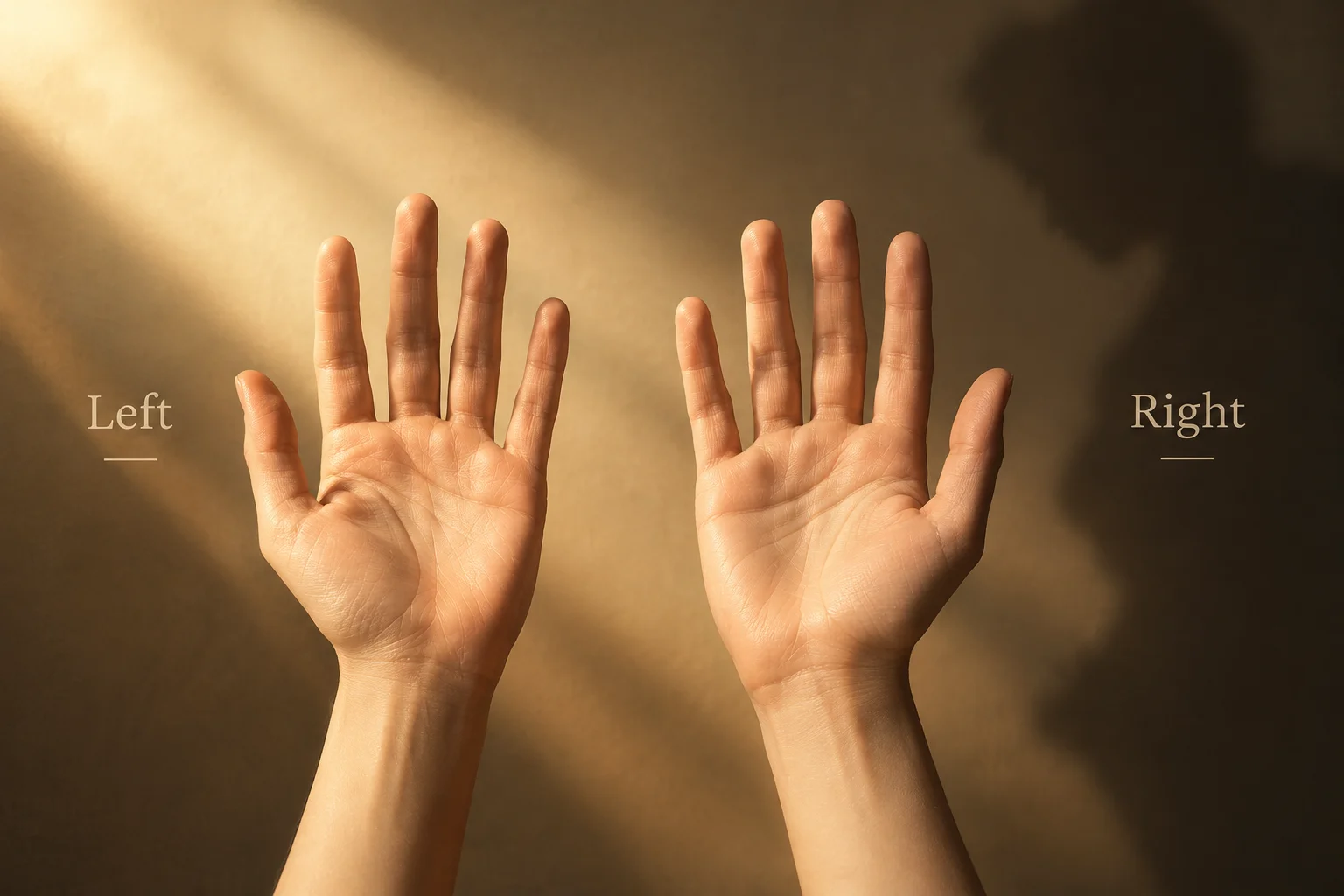 A pair of hands in warm light with a faint shadow looming on one side, symbolic illustration of left and right.