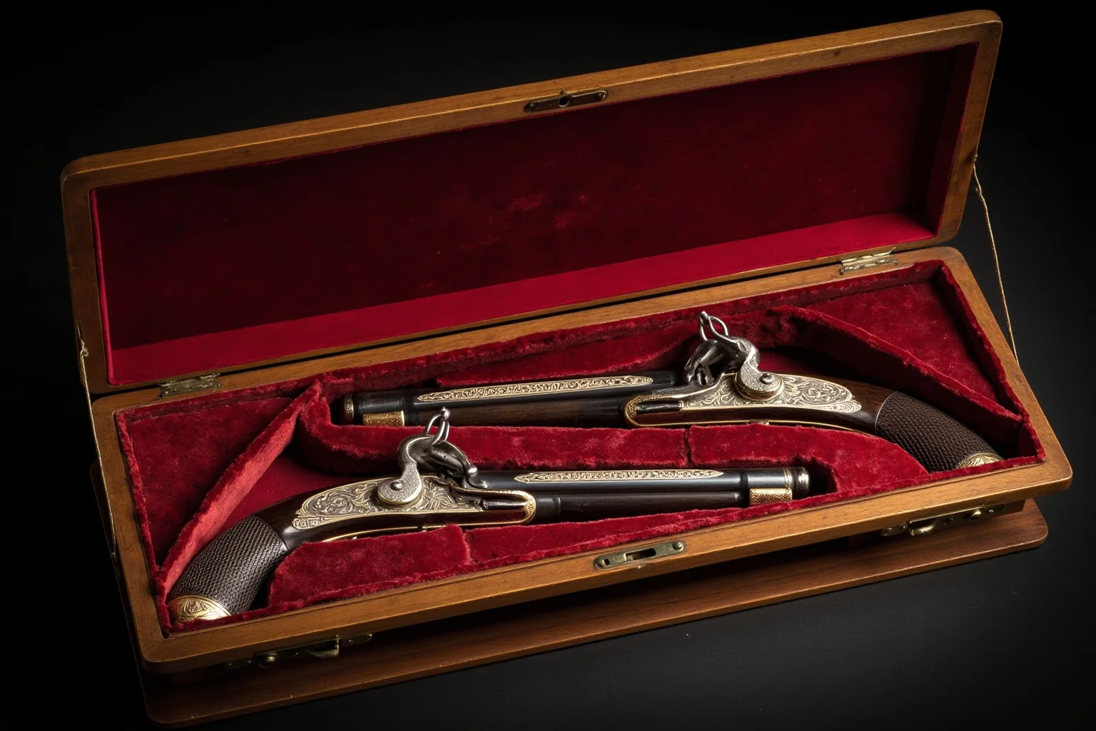 A pair of ornate flintlock dueling pistols in a wooden case with velvet lining, soft museum lighting.