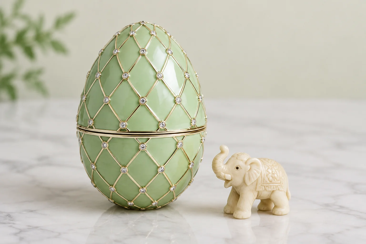 A pale green enamel egg covered in a diamond trellis pattern, with a small carved elephant surprise beside it.