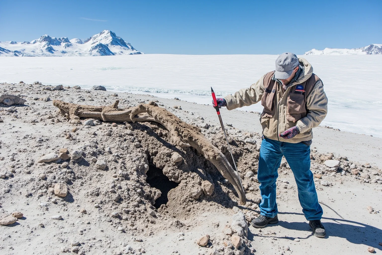 Pangea's Influence: 20 Ways We Can Tell How and Where the Continents Were Fused 20 A paleontologist excavating Lystrosaurus fossils in Antarctica, with mountains in the background.
