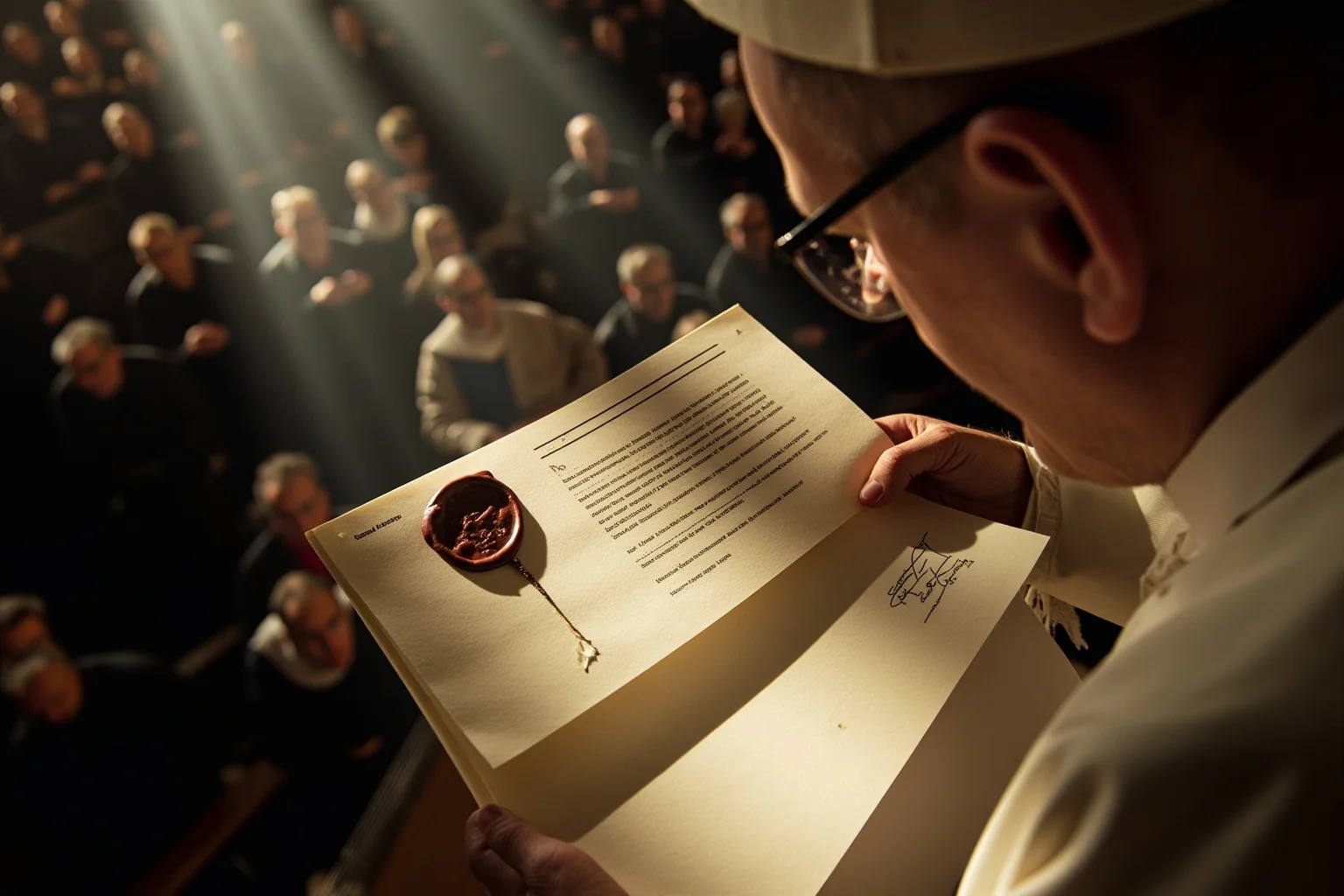 25 Times Historical Figures Predicted the End of the World 4 A papal letter with a heavy wax seal being read aloud in a Romanesque stone church, robed clergy listening in shafted sunlight, no recognizable faces.