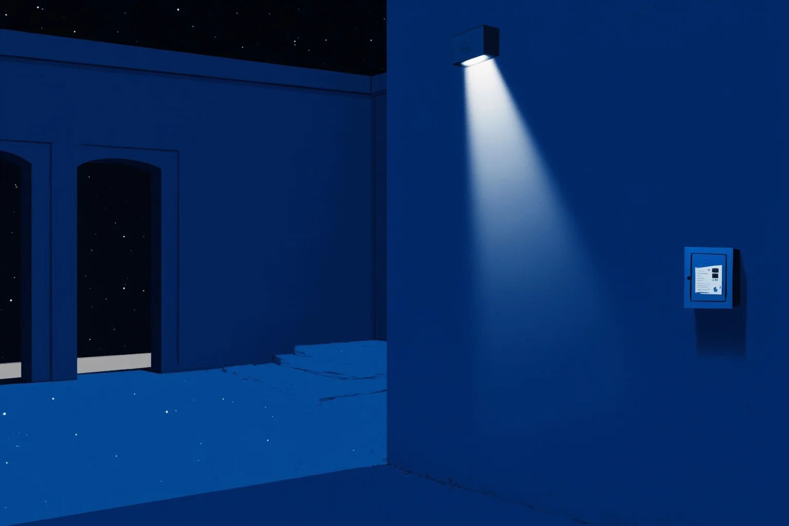 22 Famous Paintings That Were Stolen — Including 10 That Were Never Recovered 21 A Paris modern art museum at night, one empty wall lit by a single spotlight, a broken alarm box on the wall, cool blue tones, illustration.
