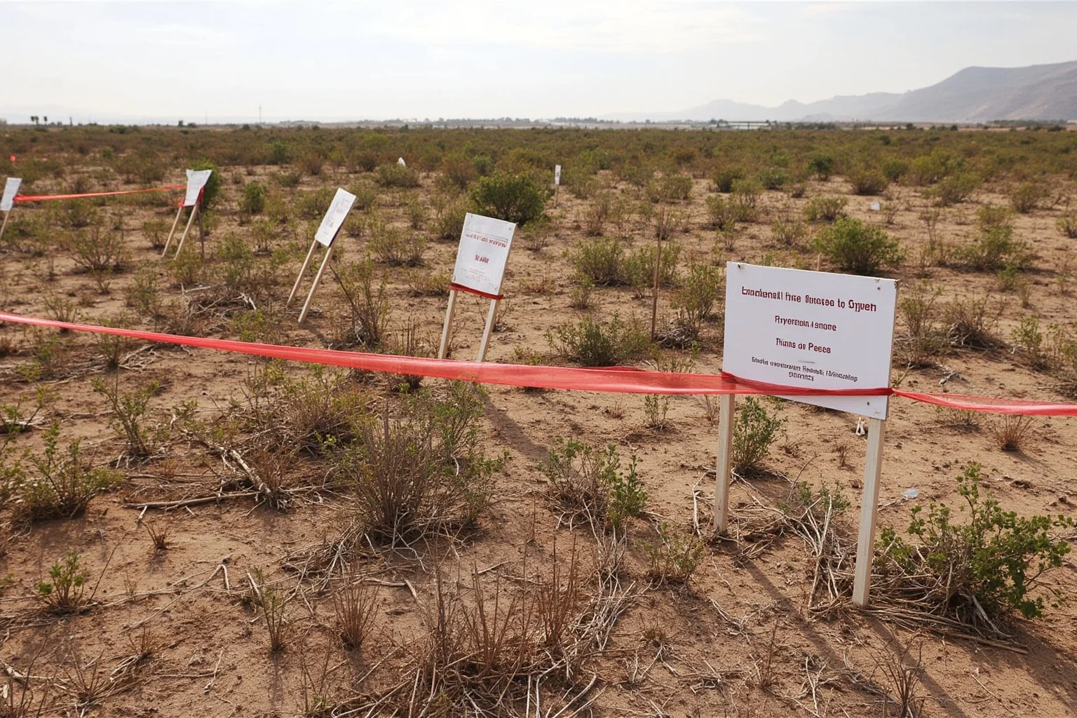 Things To Learn About The Beloved Princess Diana 12 A partially cleared field marked with warning signs and red tape in a dry landscape, symbolic of landmine awareness, overcast light, no people.
