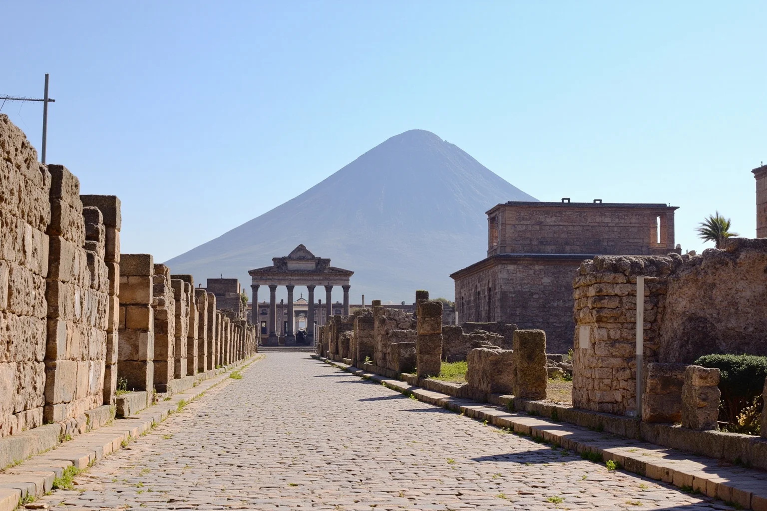 A paved street and columned houses of Pompeii with Mount Vesuvius rising in the background
