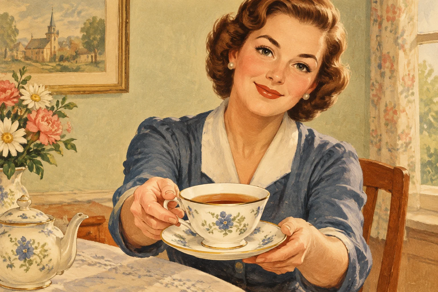 A person politely offering a cup of tea with a soft smile, vintage advertising illustration style.
