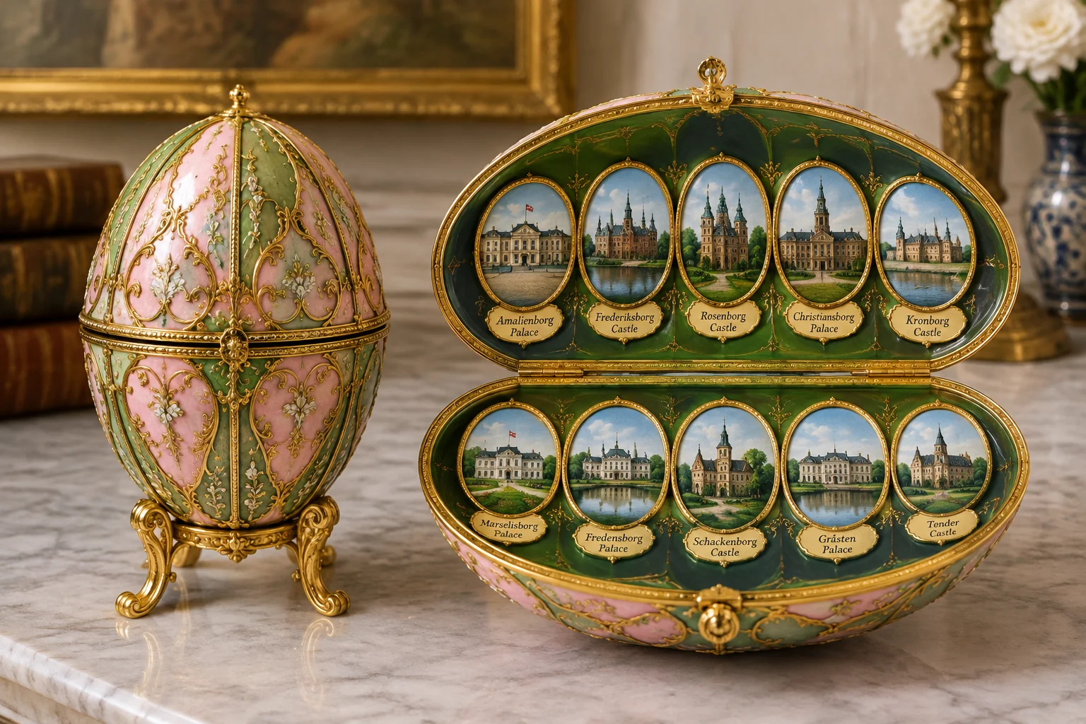 A pink and green enameled egg with gold scrollwork, opened to display ten miniature paintings of Danish palaces.