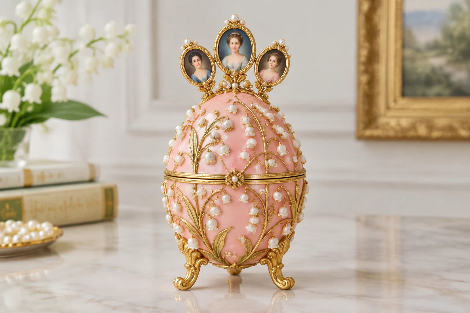 A pink enamel egg covered in gold lily-of-the-valley leaves and pearl flowers, with three miniature portraits rising from the top.