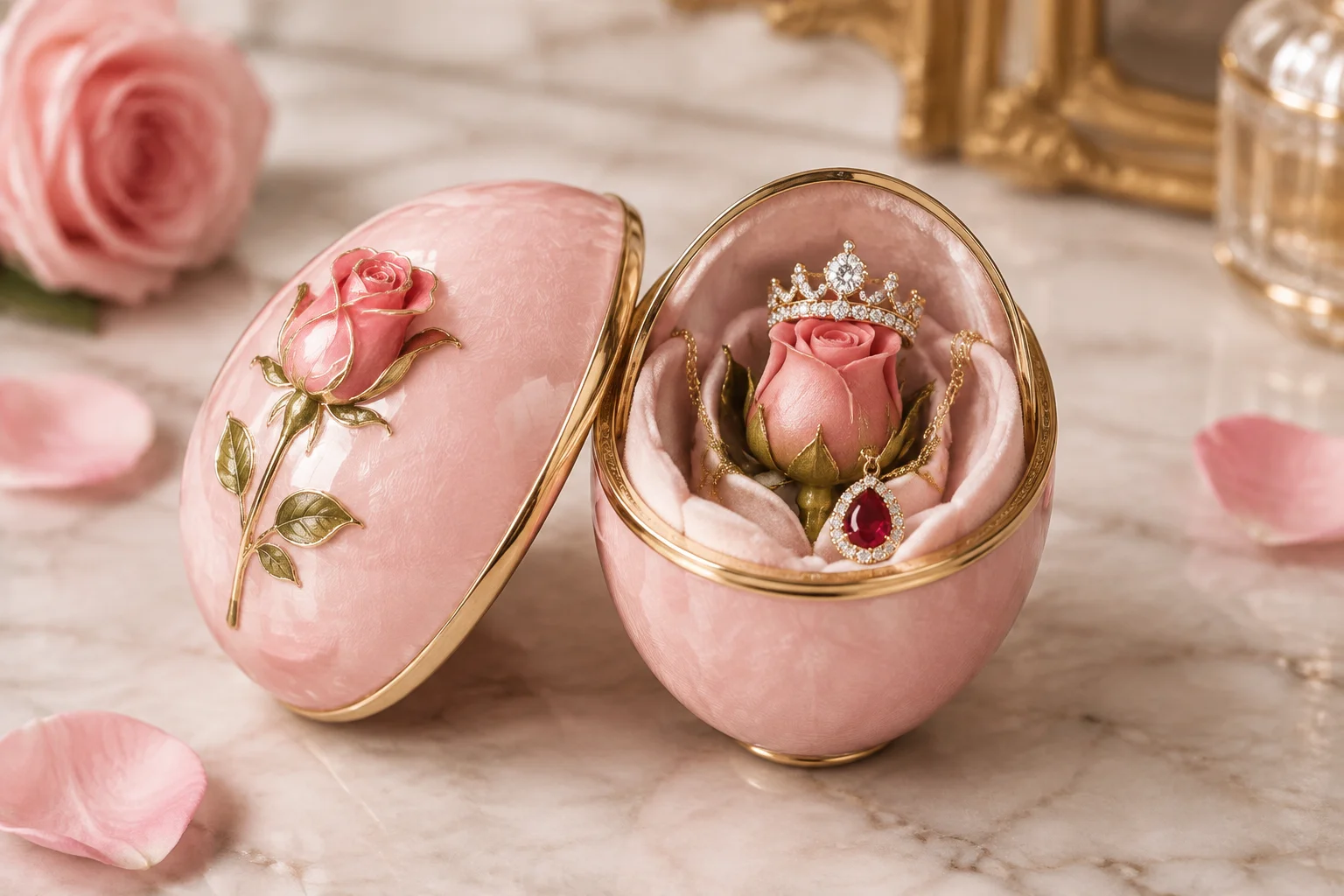 A pink enamel egg with a rosebud surprise, containing a tiny diamond crown and a ruby pendant, shown opened.