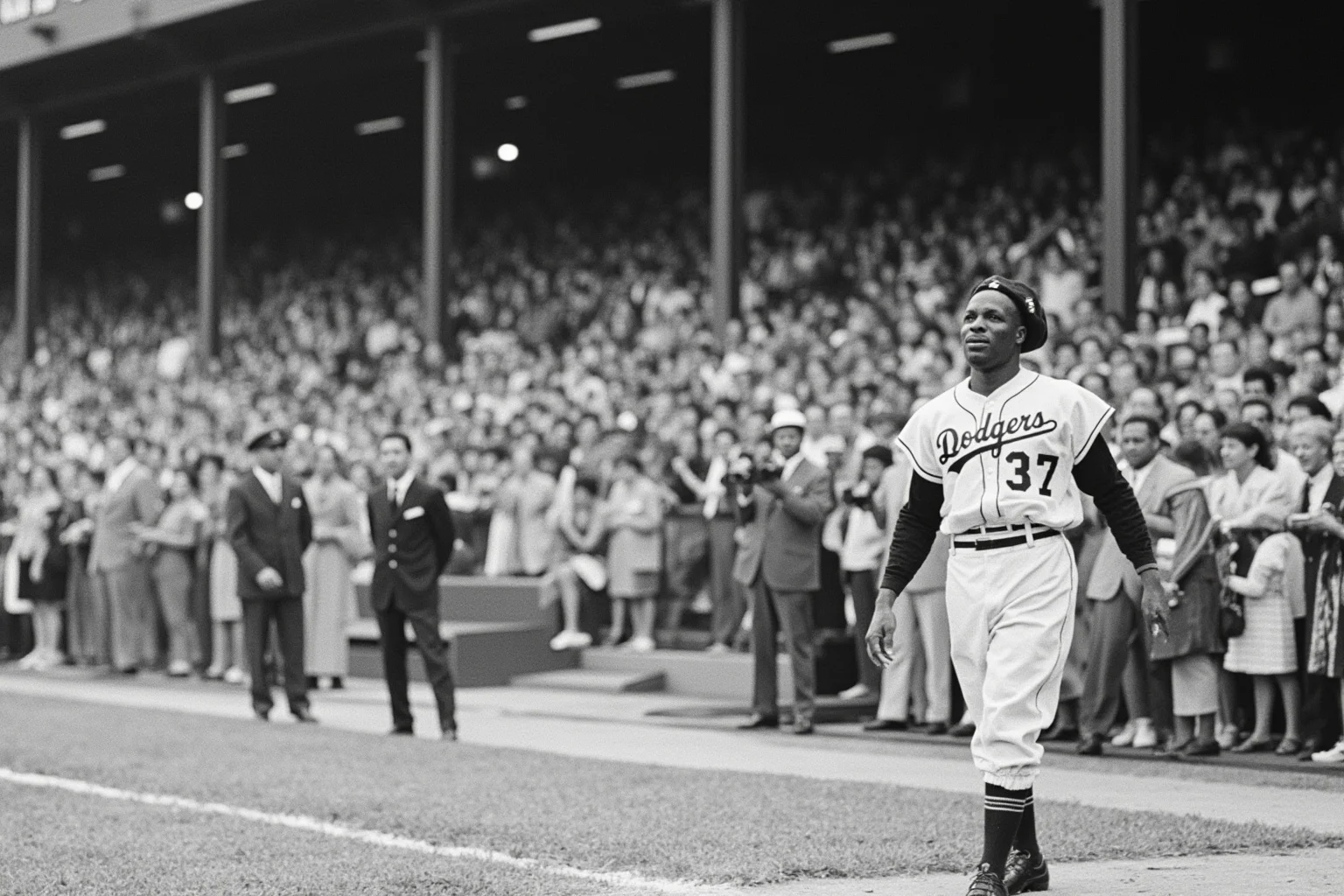 25 Memorable Moments That Defined World Series History 7 A pioneering Black baseball player in a 1947 Dodgers-style uniform taking the field, integrated crowd, respectful historical scene, no recognizable face.