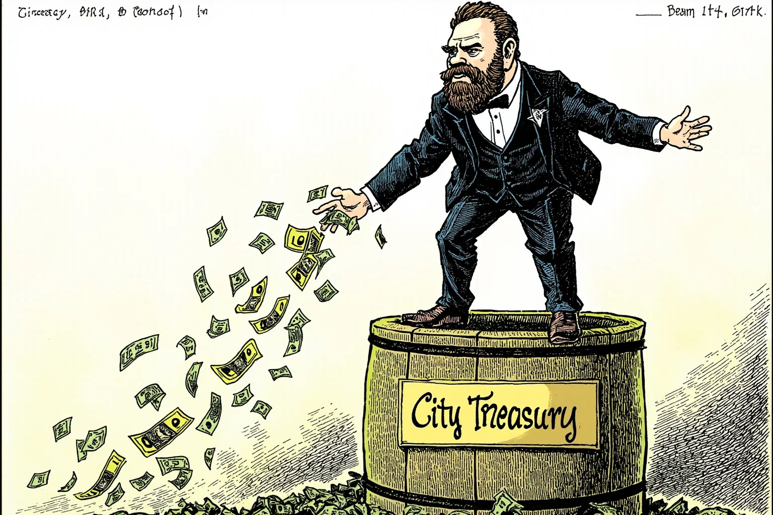 A political cartoon style illustration of a large man in a suit with a diamond pin standing atop a giant barrel labeled 'City Treasury,' with money spilling out, representing Boss Tweed and Tammany Hall