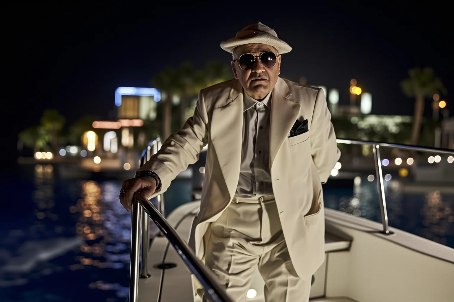 A portly king in a white suit and sunglasses boarding a white yacht at night, casino lights and palm trees behind, 1950s Mediterranean glamour.
