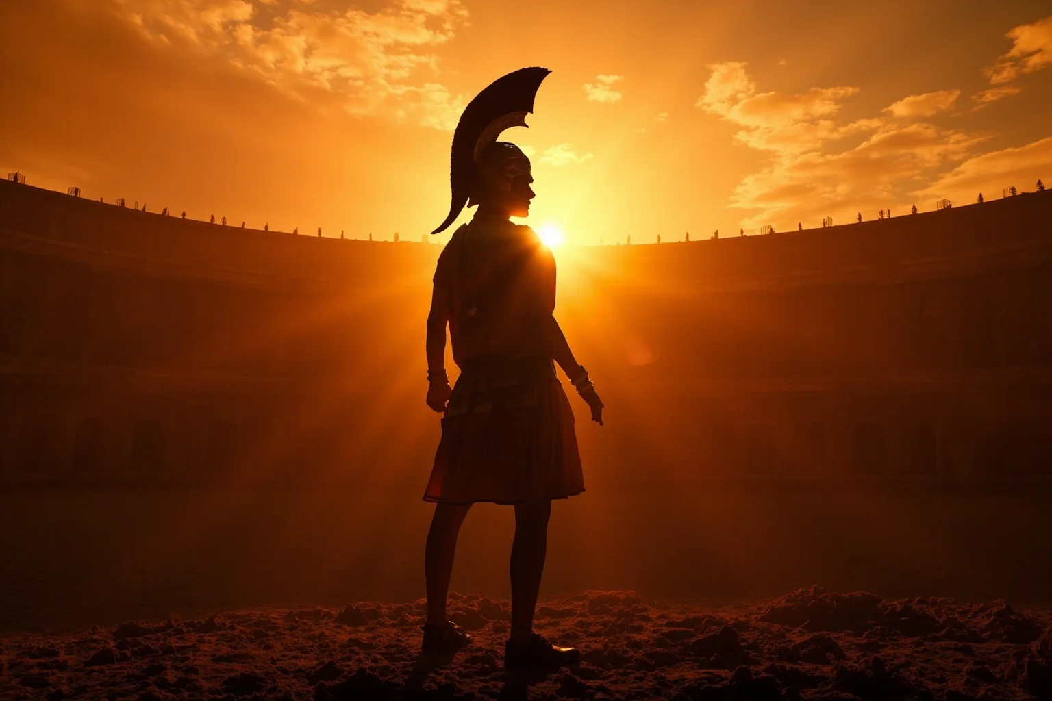 Yes, Female Gladiators Existed — And Here's Everything You Need to Know About Them 25 A powerful silhouette of a female gladiator standing alone in a Roman arena at sunset, representing their enduring legacy