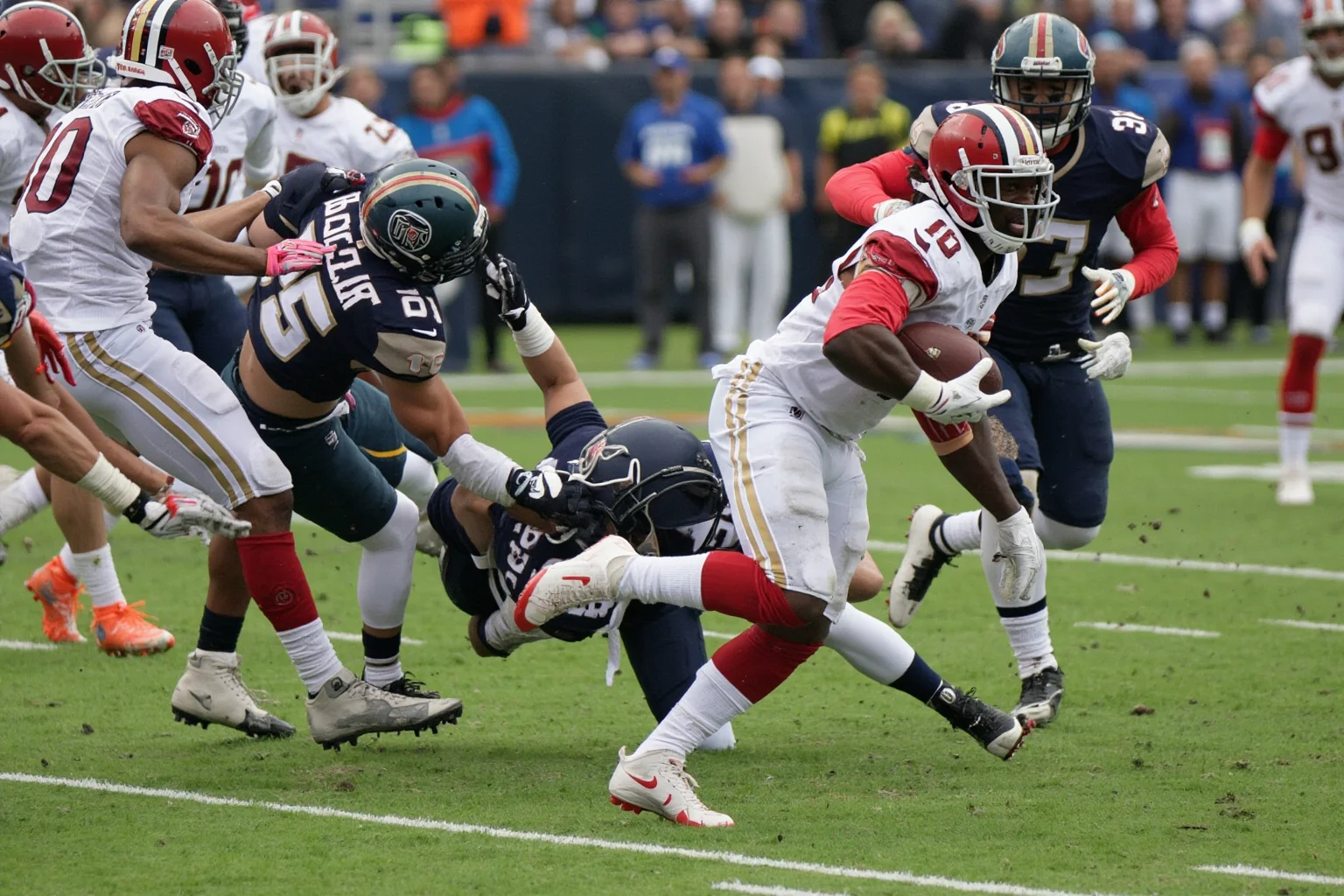A punt hitting a returner's leg and bouncing loose, generic uniforms, no real logos or names, chaotic scramble for the ball.