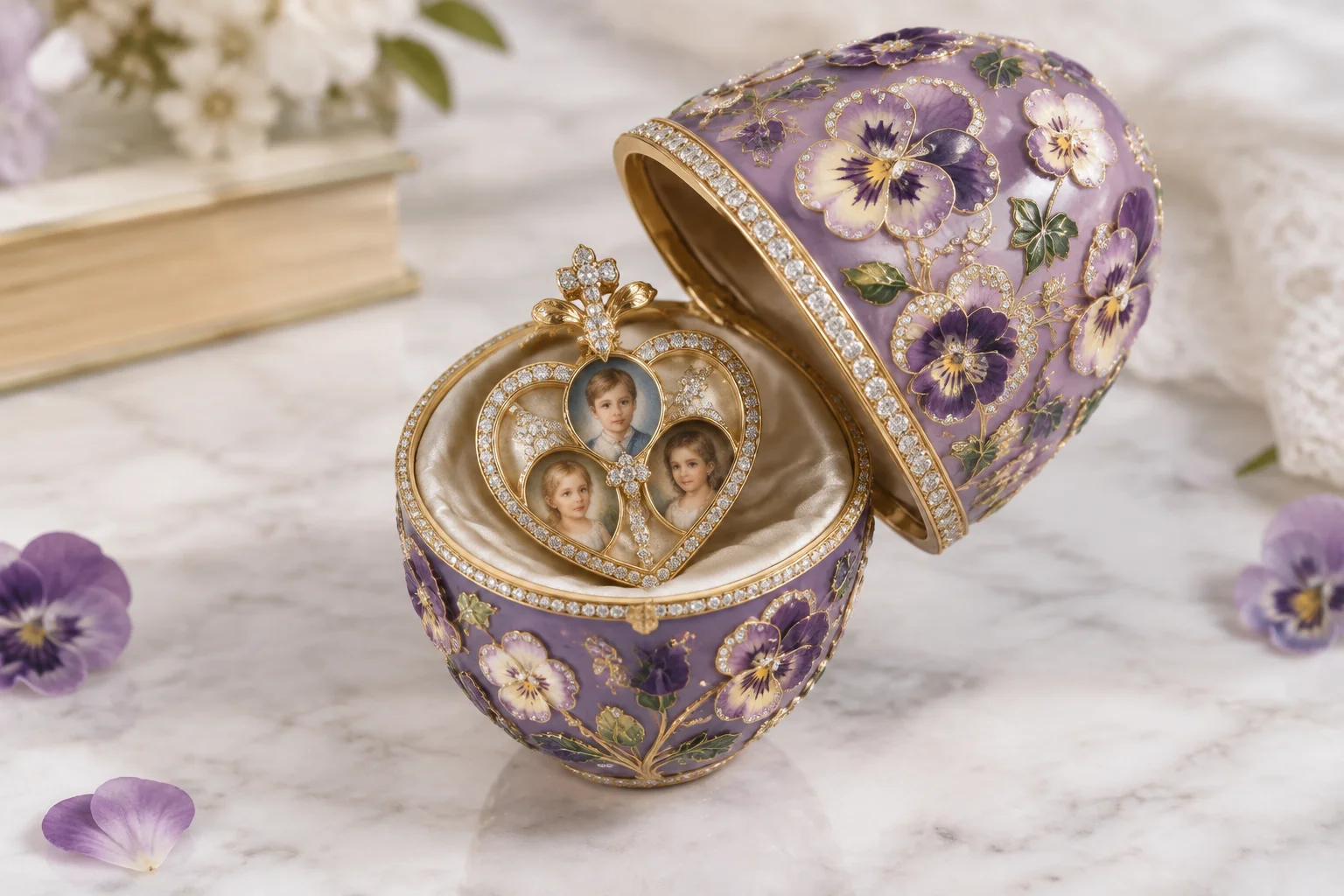A purple enamel egg with diamond-set pansies, opened to reveal a heart-shaped surprise with miniature portraits of children.