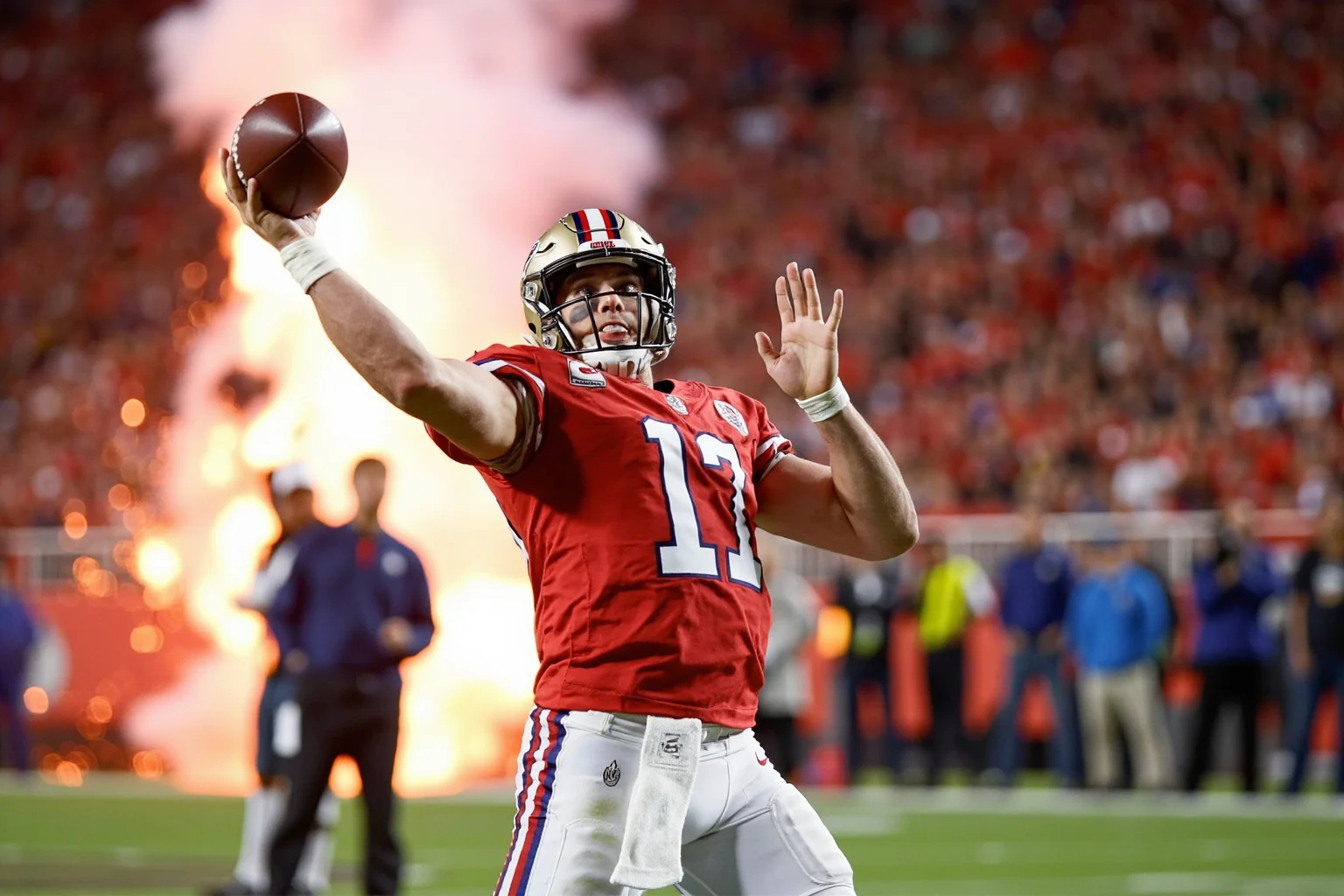 A quarterback throwing a touchdown pass in a second-quarter explosion, generic uniforms, no real logos or names, offensive fireworks.