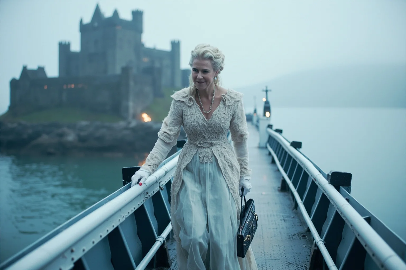 A queen in a pale travelling gown stepping onto a ship's gangway, a northern castle and grey sea behind her, cool blue and silver palette.