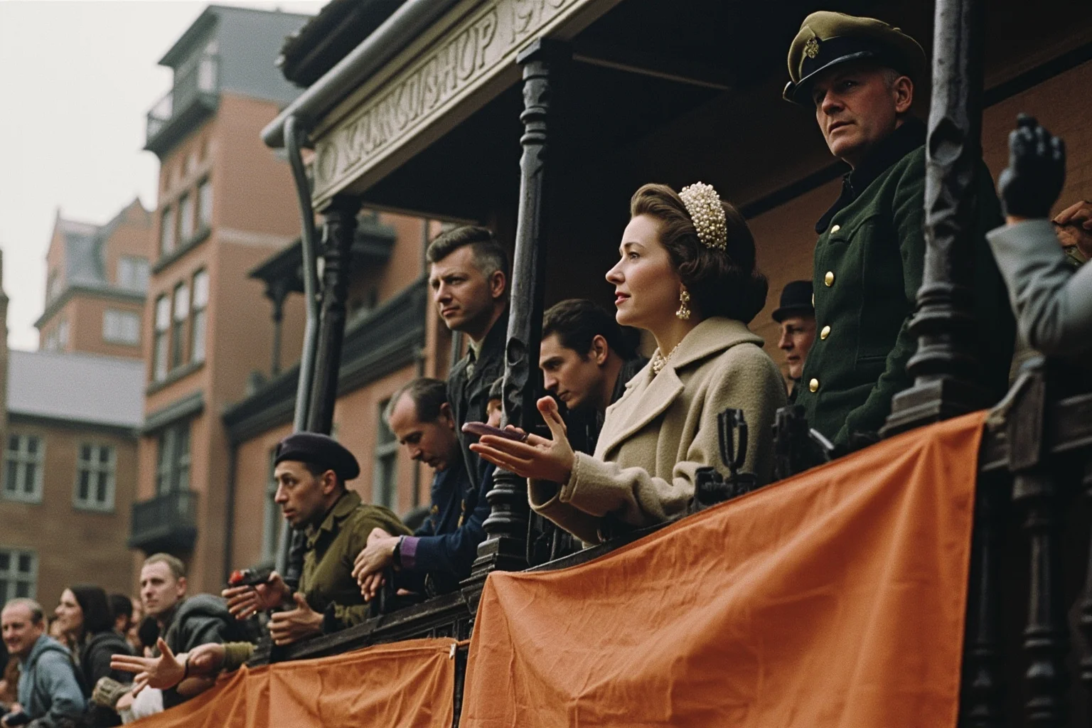 A queen in a simple wool coat greeting a crowd from a balcony beside her adult daughter, orange banners and rain-washed brick, postwar European setting.