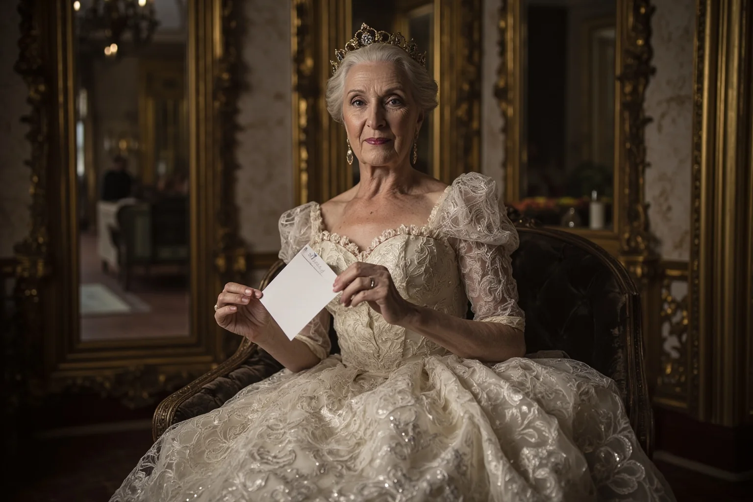 A queen in Spanish lace seated in a Parisian salon holding a sealed document, ornate mirrors and heavy drapes behind her.