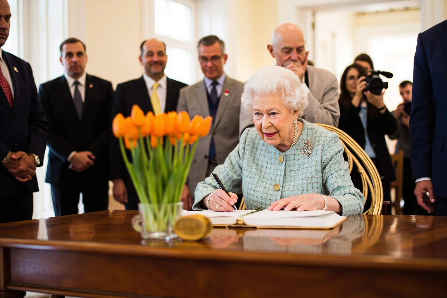 A queen signing a formal act at a wooden table beside a vase of orange tulips, officials and photographers in soft focus behind, bright airy palace room.