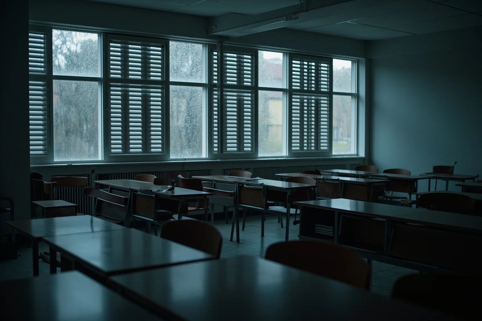 A quiet Belgian girls' school classroom with rows of empty desks, tall shuttered windows and rain on the glass, cool grey-blue palette.