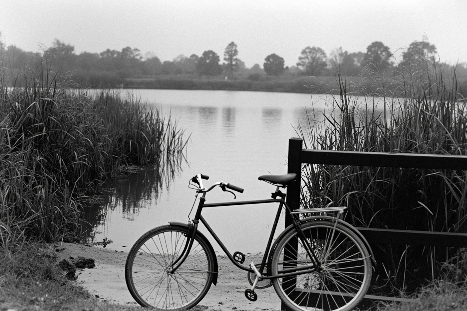 A quiet English pond with reeds and a wooden jetty in the 1930s, a bicycle leaning on a gate, soft overcast light, nostalgic mood.