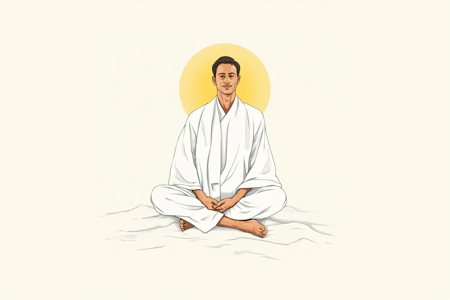 20 Little-Known Facts About Mahatma Gandhi 11 A quiet illustration of a man seated cross-legged in meditation at dawn, simple white cloth, calm and disciplined atmosphere.