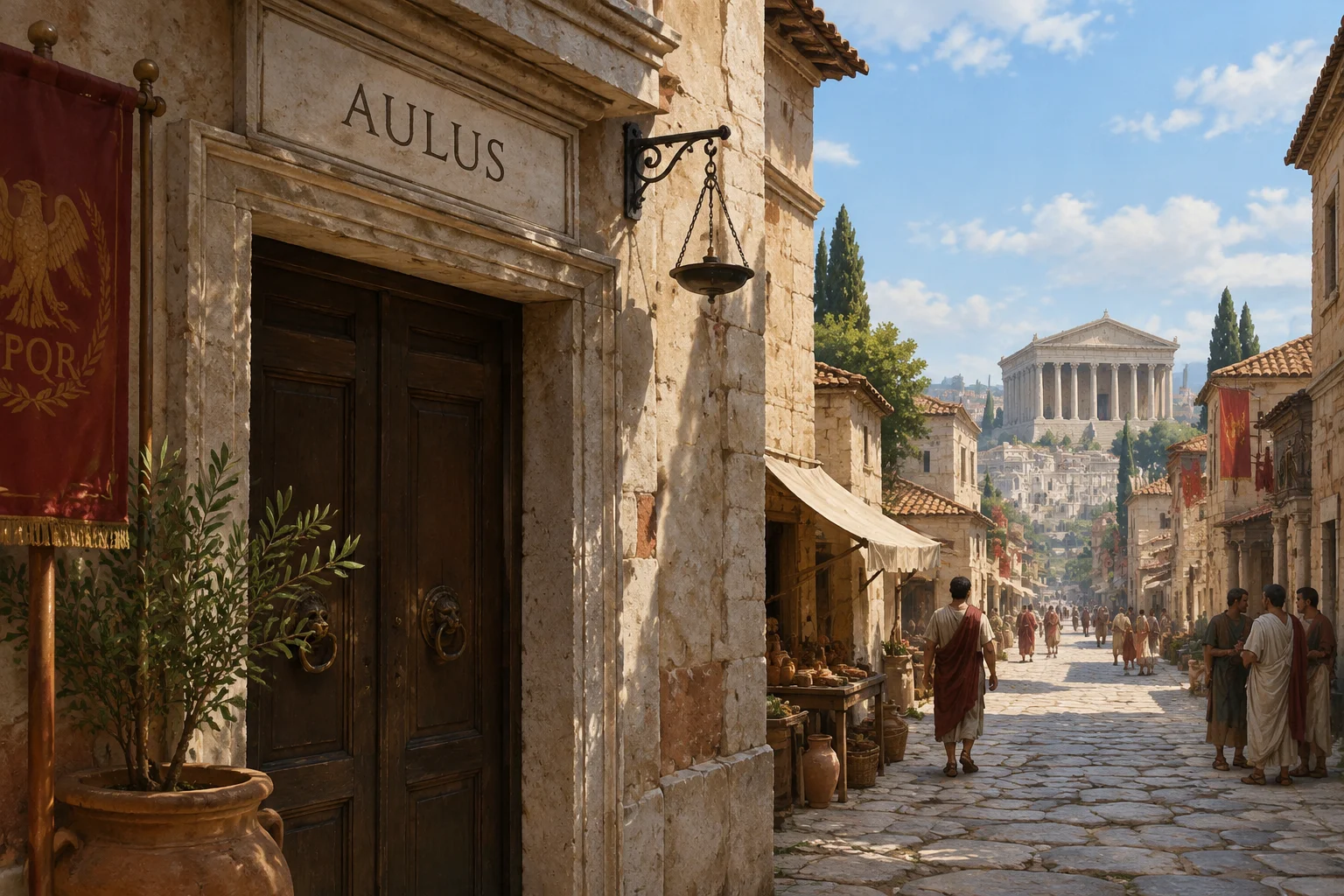 23 Best Roman Names: Ancient Rome's Most Popular Names 8 A quiet Roman street scene with the name Aulus on a doorway plaque, Roman Republic atmosphere, historical illustration