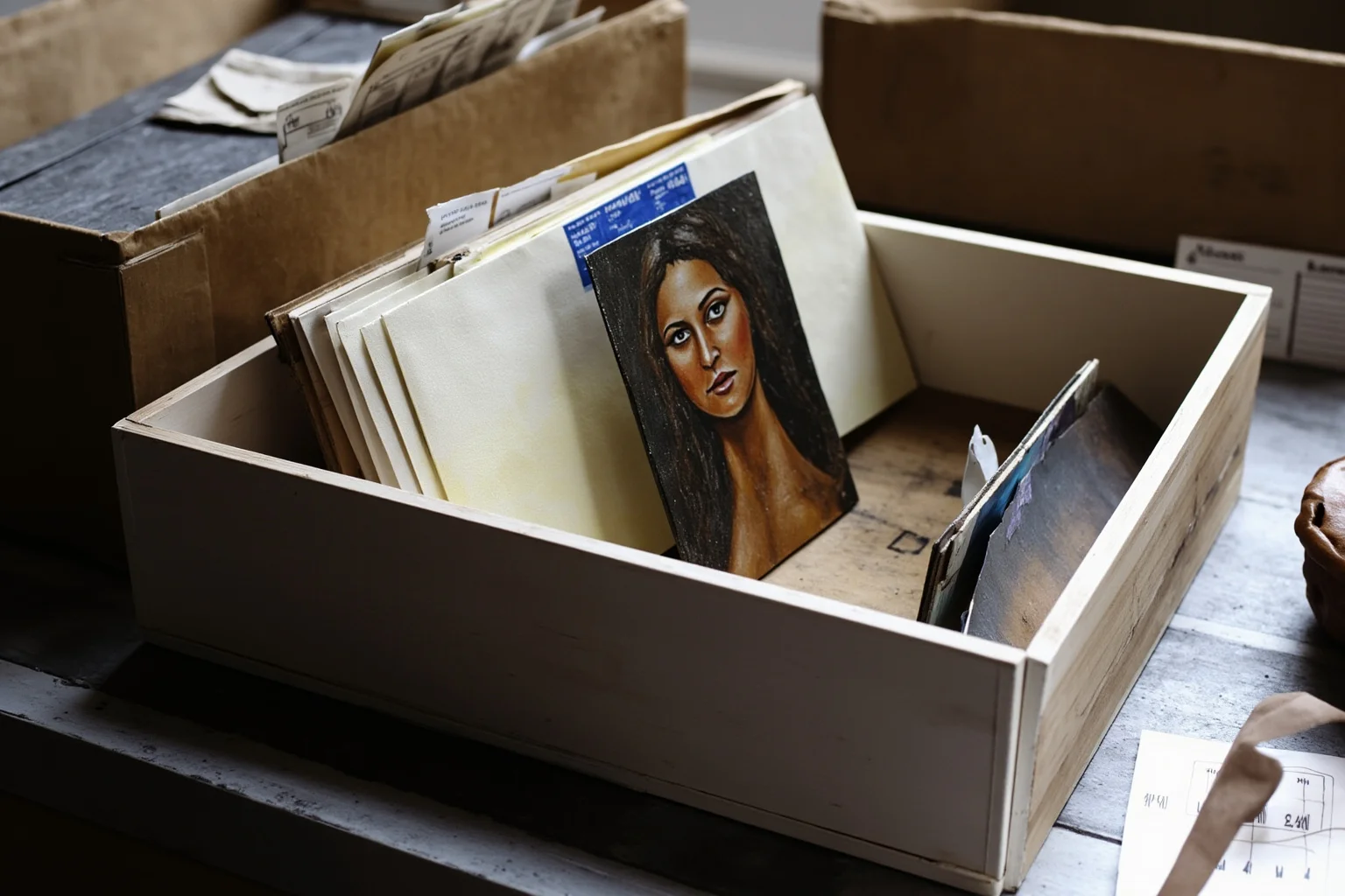 22 Famous Paintings That Were Stolen — Including 10 That Were Never Recovered 8 A quiet still life of a small expressionist portrait in a wooden shipping crate surrounded by labels, legal folders and packing paper, no people, soft gallery light.
