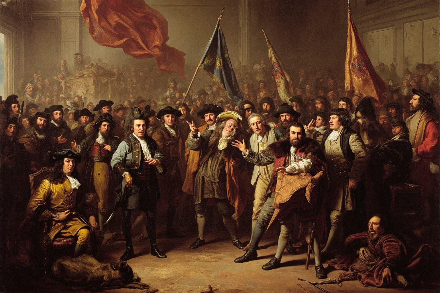 Fascinating Facts About The French Revolution 7 A radical Jacobin club meeting with Robespierre speaking, revolutionary flags, and a passionate crowd, historical scene.