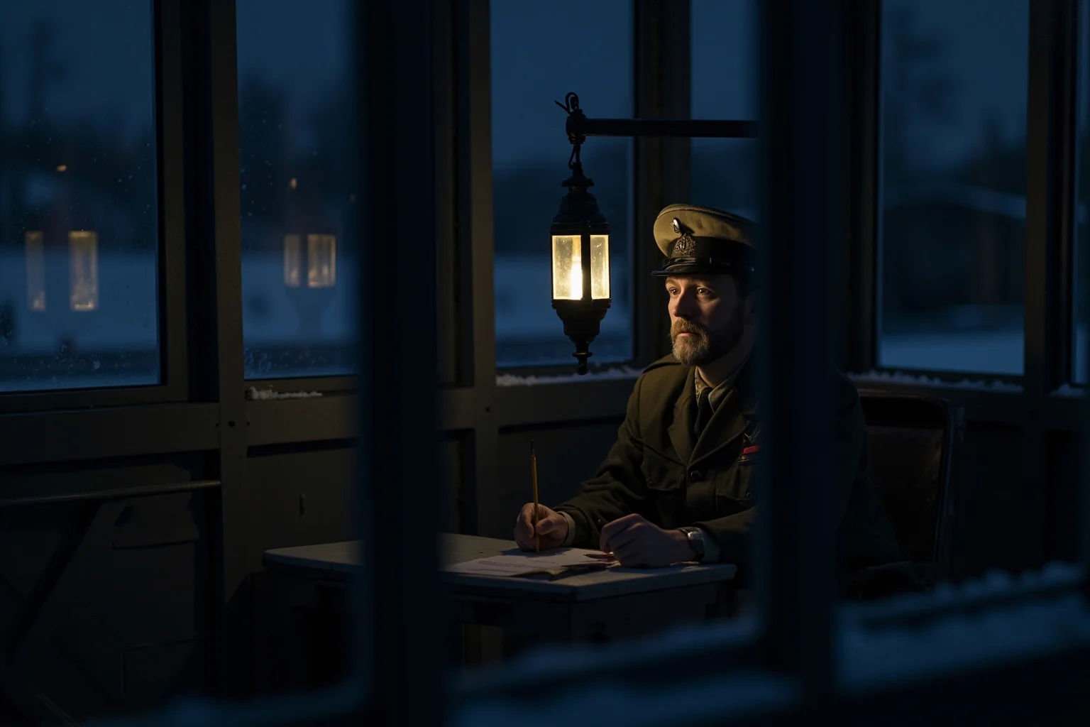 A railway carriage siding at night in snow, a man in military uniform seated at a small table with a pencil and a sheet of paper, lamplight through frosted glass.