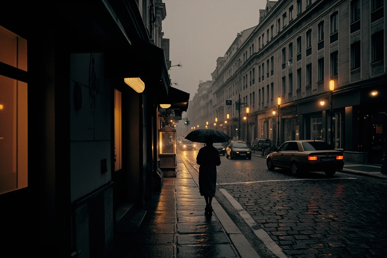 Gloomy Sunday: The Infamous Hungarian Suicide Song and the Myth Behind It 3 A rain-slicked cobblestone street in 1930s Budapest at dusk, vintage streetlamps glowing, the distant silhouette of a figure walking away under an umbrella, cinematic melancholy, sepia and grey tones.