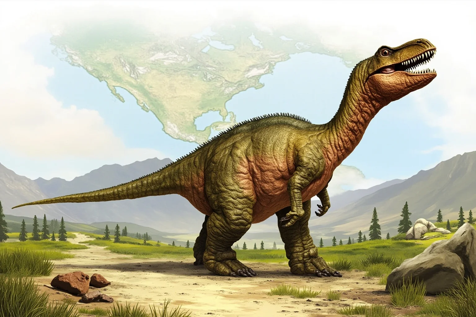 Pangea's Influence: 20 Ways We Can Tell How and Where the Continents Were Fused 11 A reconstruction of an early dinosaur like Herrerasaurus in a Triassic landscape, with a map of Pangea in the background.