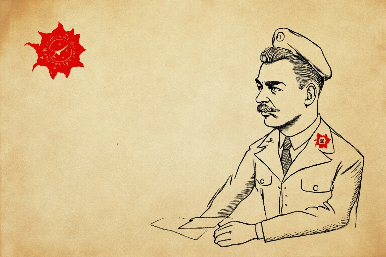 A red star badge and a simple pencil sketch of a stern mustached portrait on a worn desk, mid-century political poster style, no real likeness