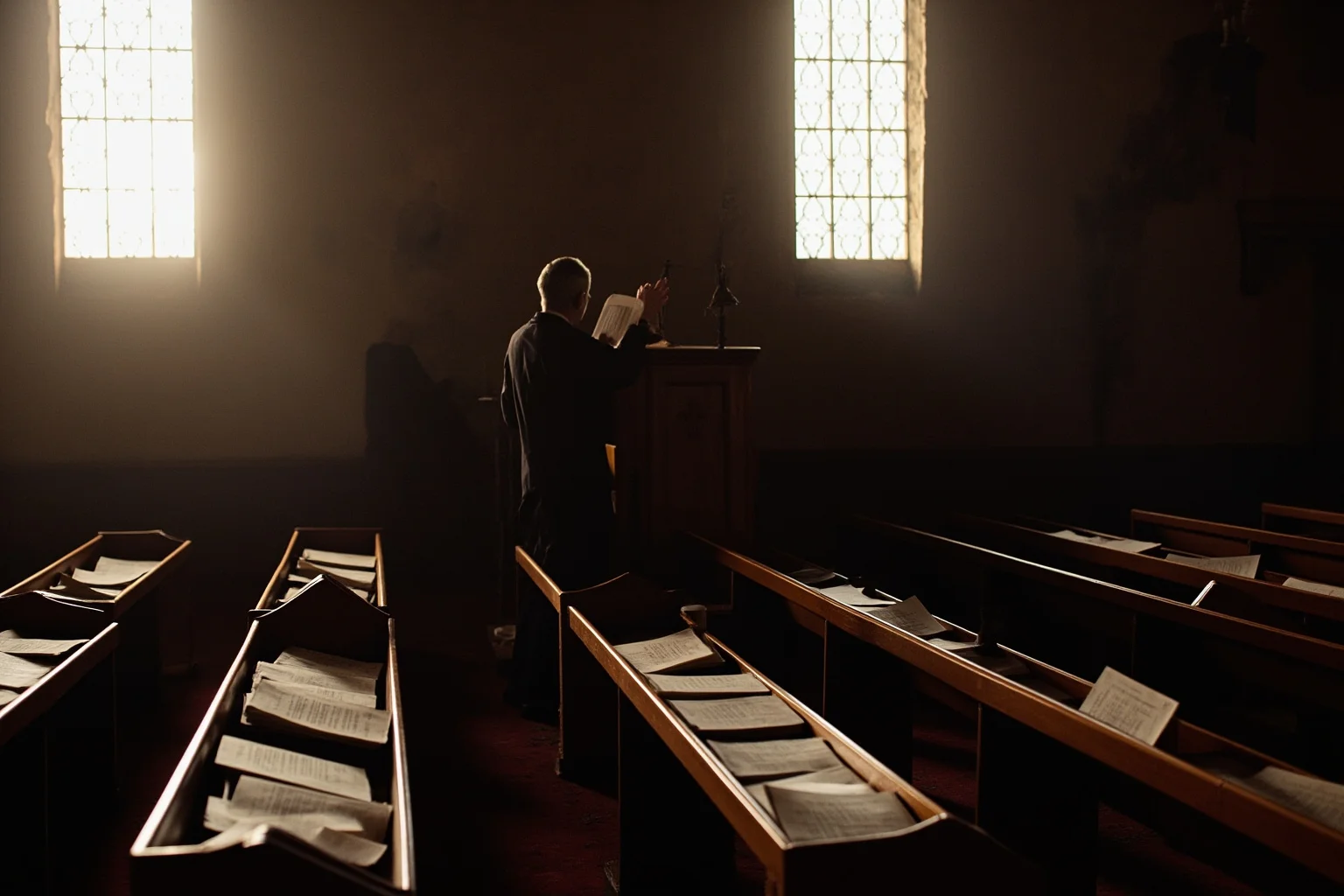25 Times Historical Figures Predicted the End of the World 8 A Reformation-era church interior with a preacher in a plain black robe at a raised pulpit, printed pamphlets scattered across the pews, hard light through tall windows.