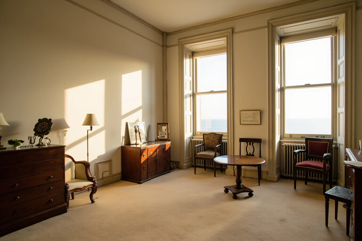 A Regency-era English royal nursery with period furniture and soft daylight through tall windows, no people visible.