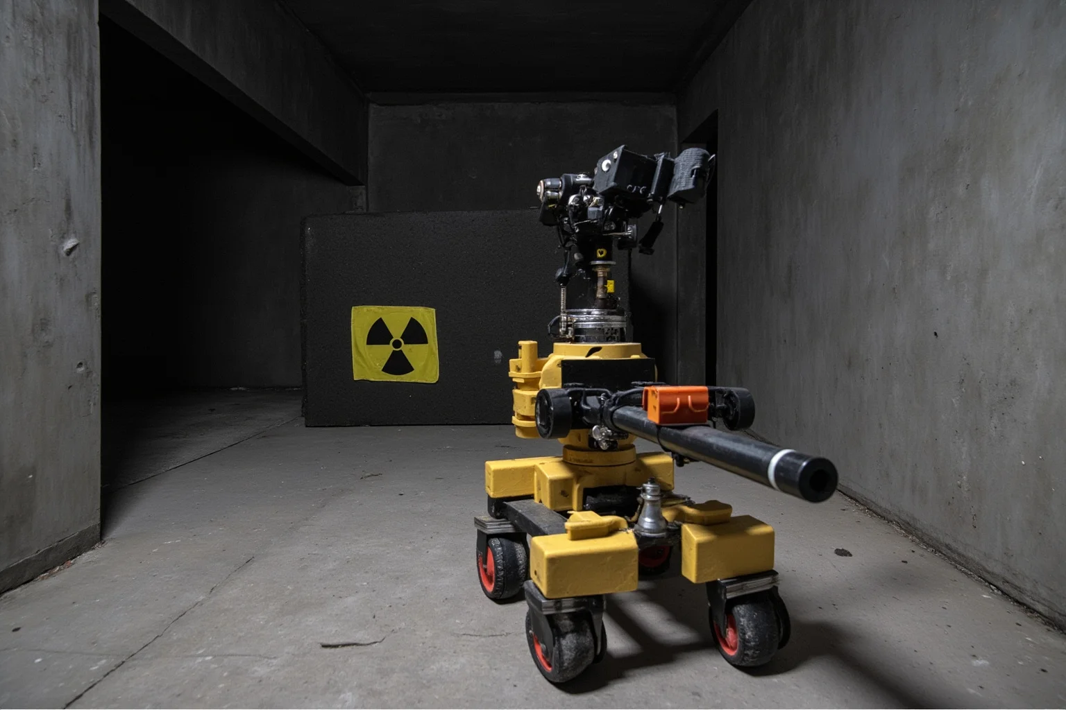 A remote-controlled camera on a wheeled cart pointing toward a dark, radioactive mass in a concrete room, illustrating the danger of photography.