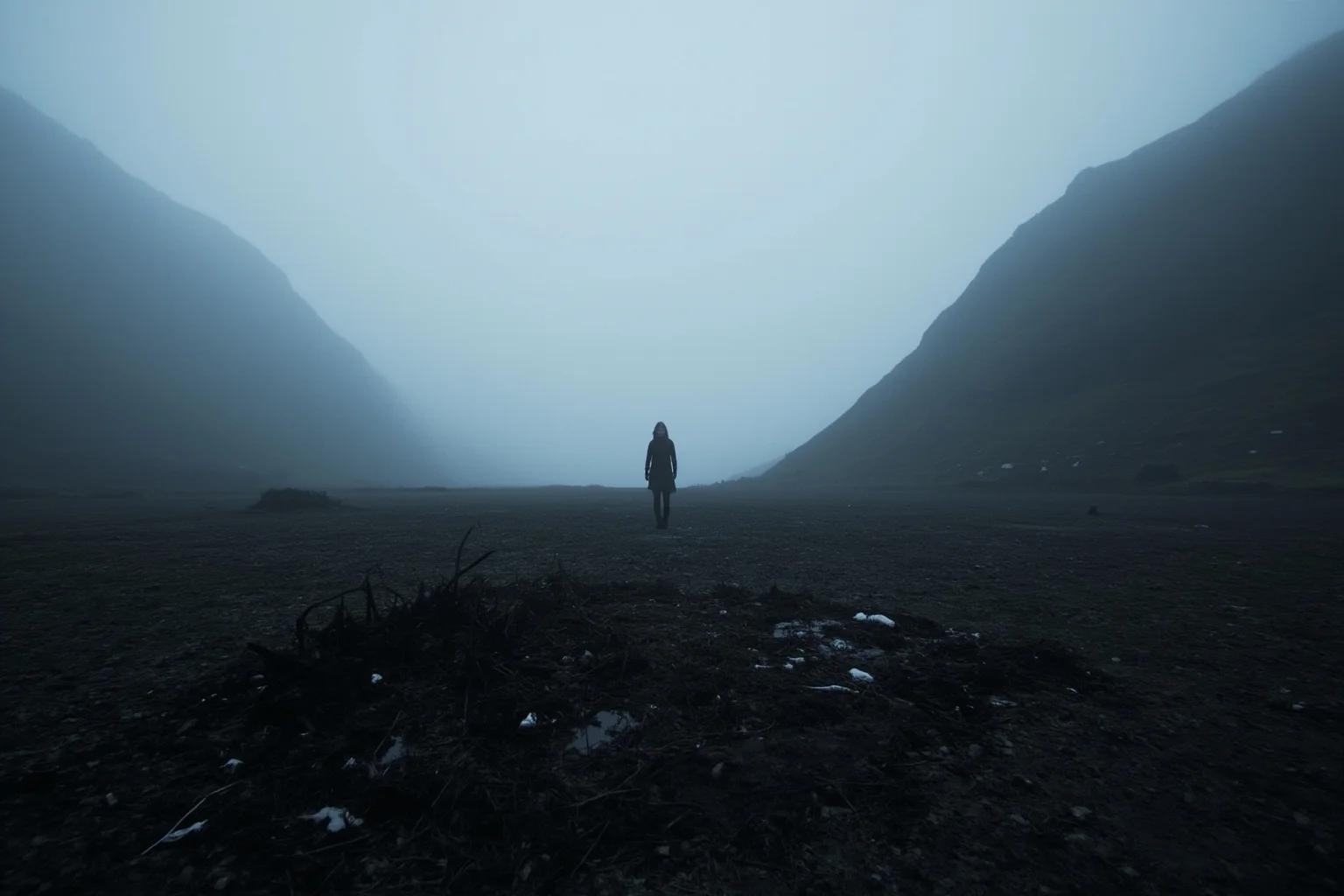 Scariest Missing Persons Cases in History: 20 Creepy Disappearances That Still Baffle Us 12 A remote Norwegian valley with a burned patch on the ground, a woman's silhouette in the distance, cold mist, Scandinavian noir atmosphere.