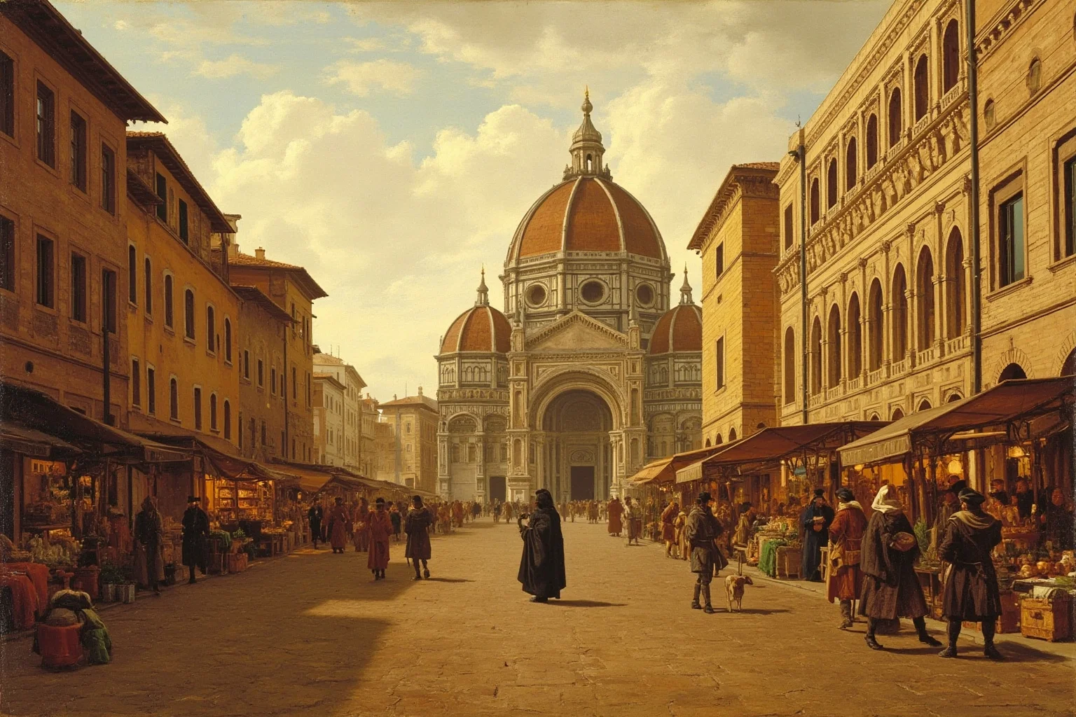 A Renaissance Florence piazza with a domed cathedral, market stalls and a hooded figure walking away, warm terracotta tones, historical painting.