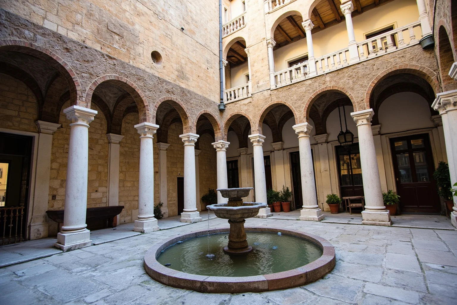 A Renaissance Florentine palazzo courtyard with stone arches and a fountain, no people visible.