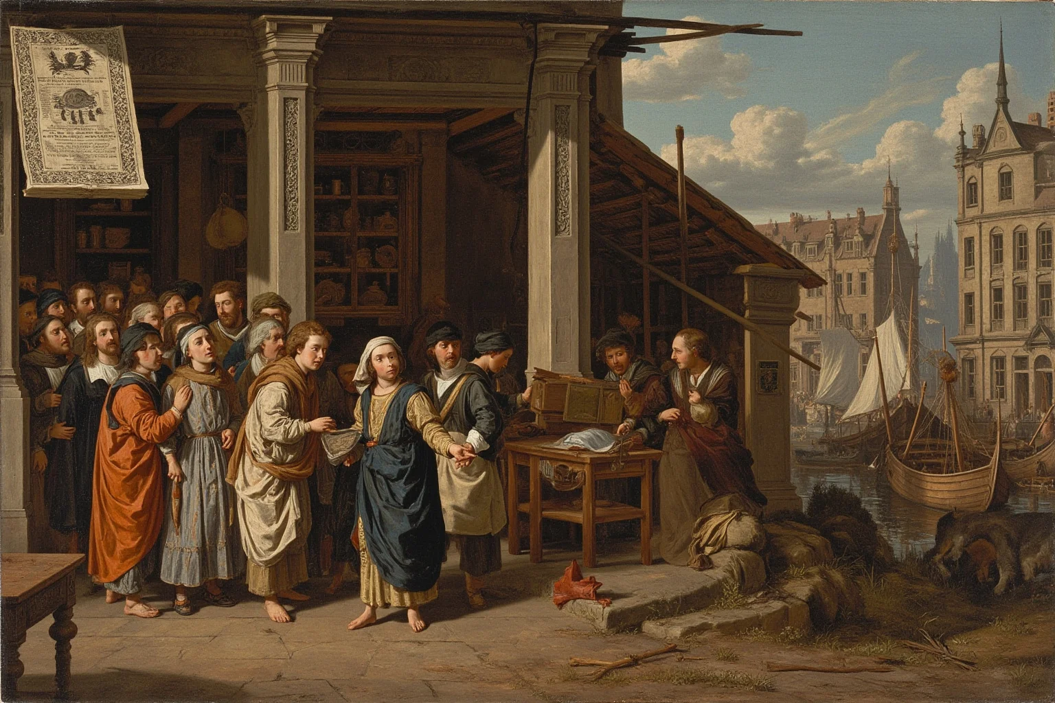 25 Times Historical Figures Predicted the End of the World 6 A Renaissance print shop with a freshly printed almanac page showing planets gathered in Pisces, townsfolk crowding the doorway, small wooden boats under construction in the background.