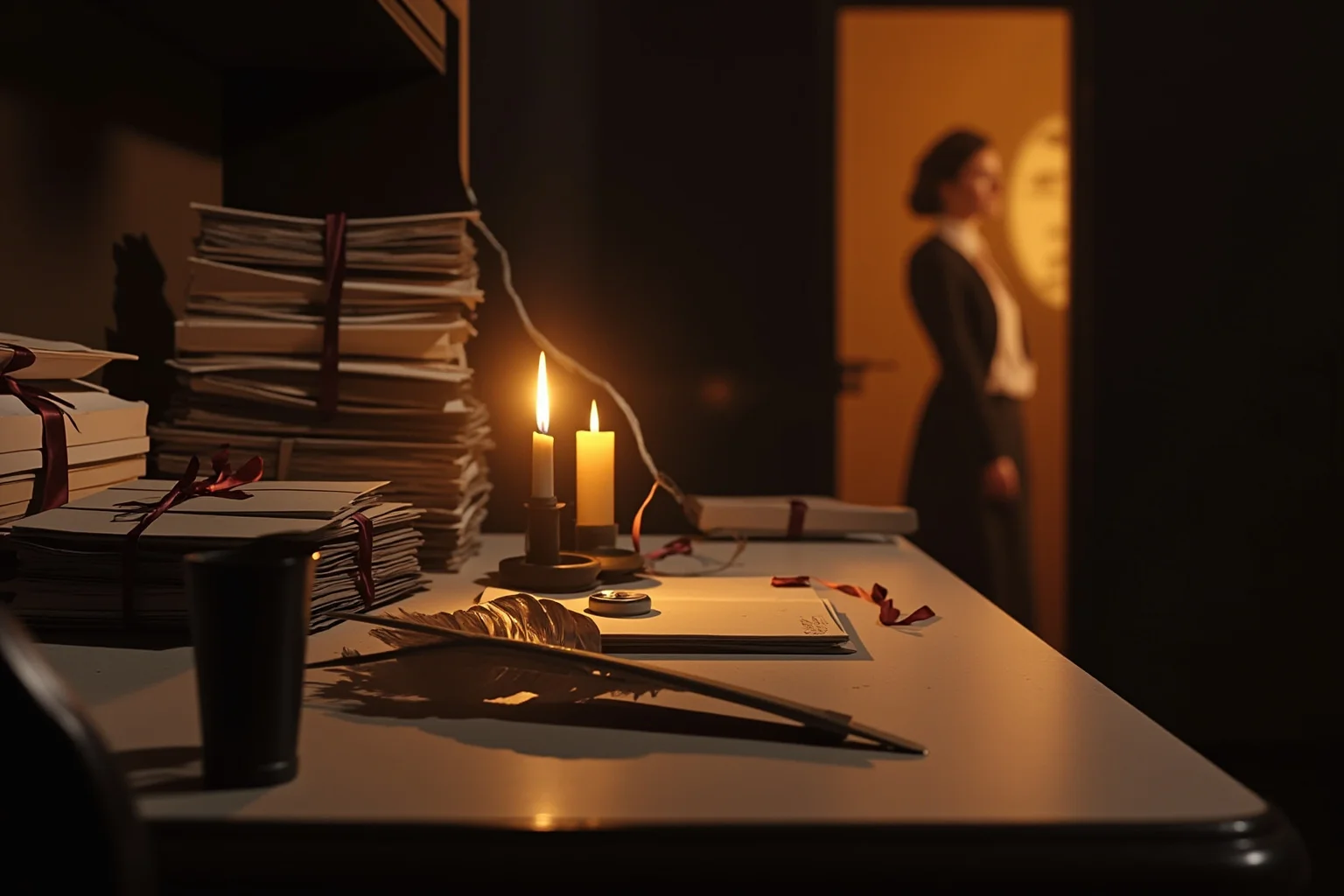 A Restoration-era writing desk with stacks of letters tied in ribbon, a quill, sealing wax and a woman's silhouette in a doorway, candlelit, warm tones.